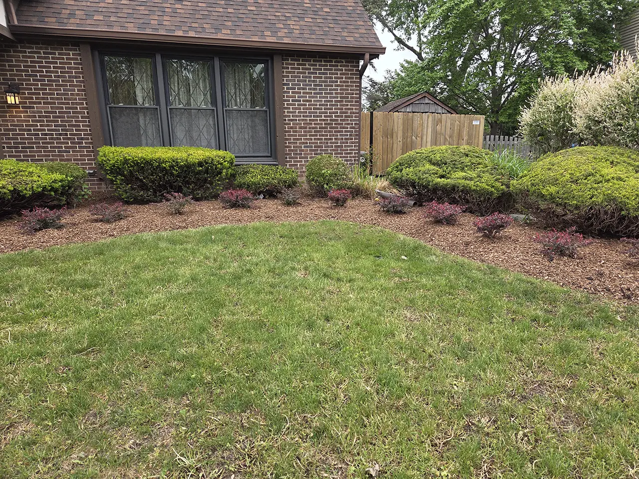 Front yard landscaping with fresh mulch, trimmed shrubs, and decorative plantings in front of a brick home